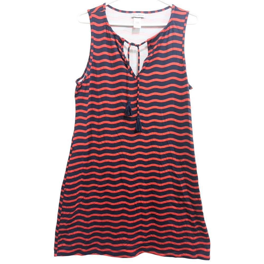 2/$20 Tommy Bahama Women's L Navy Red Stripe Nylon Sleeveless‎ Shift Dress